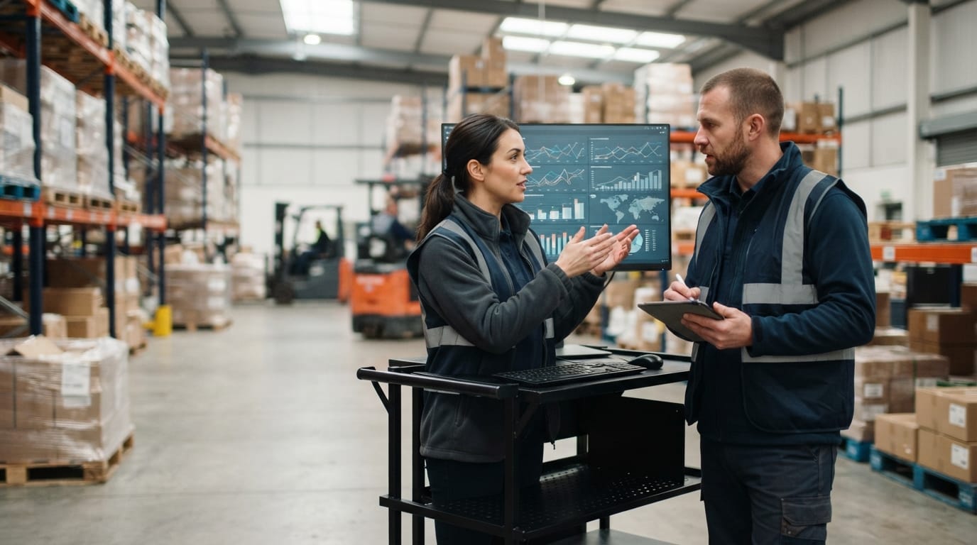Two people working through what 3pl warehouse management system is telling them