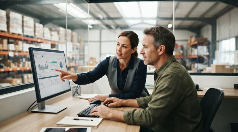 Two people working through what accounting and inventory software for small business is telling them