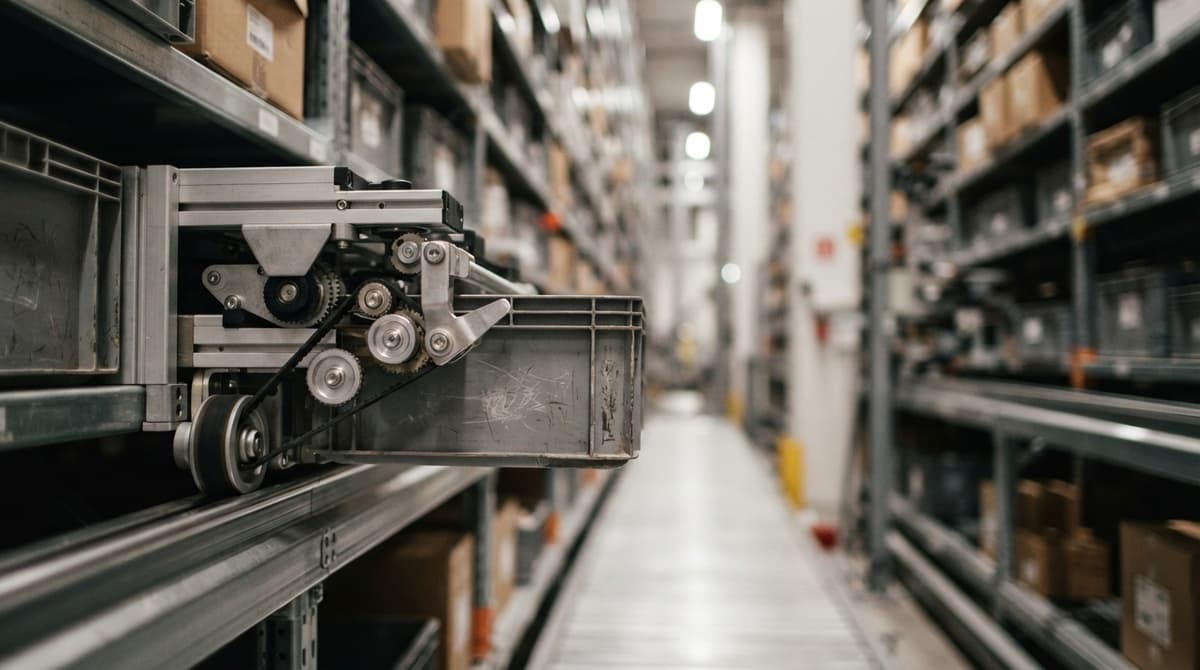 Close detail from the work asrs automated storage retrieval system supports