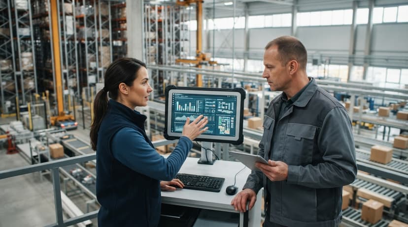 Two people working through what asrs automated storage retrieval system is telling them