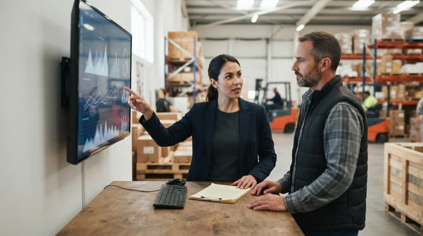 Two people working through what average days to sell inventory formula is telling them