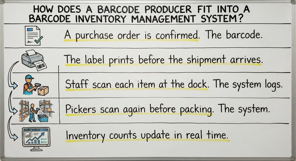 How Does a Barcode Producer Fit Into a Barcode Inventory Management System?, drawn out