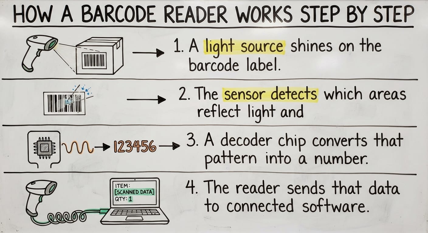 How a Barcode Reader Works Step by Step, drawn out
