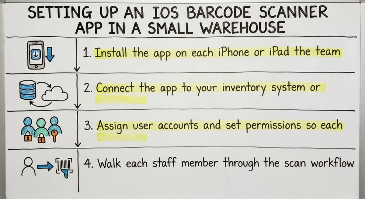 Setting Up an iOS Barcode Scanner App in a Small Warehouse, drawn out