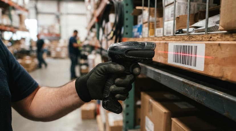 Close detail from the work barcode scanner inventory system supports