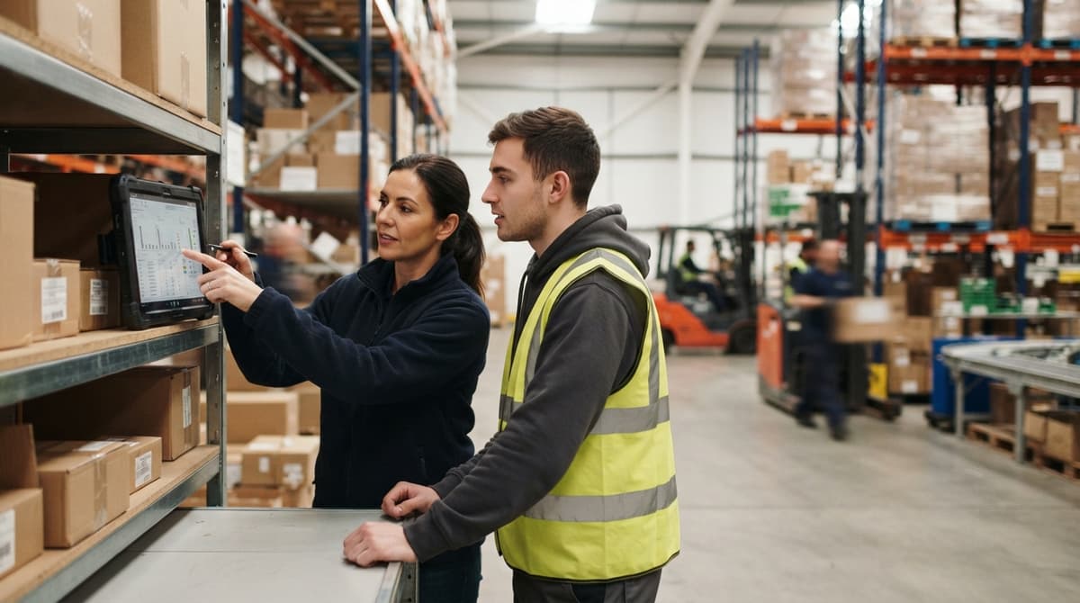 Two people working through what barcode systems for warehouse is telling them