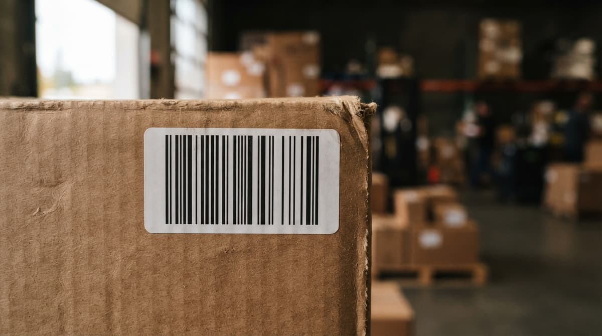 Close detail from the work barcodes and labels supports