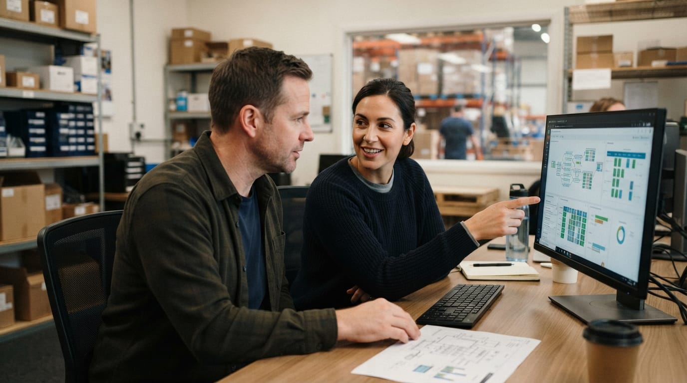 Two people working through what best 3pl wms software is telling them