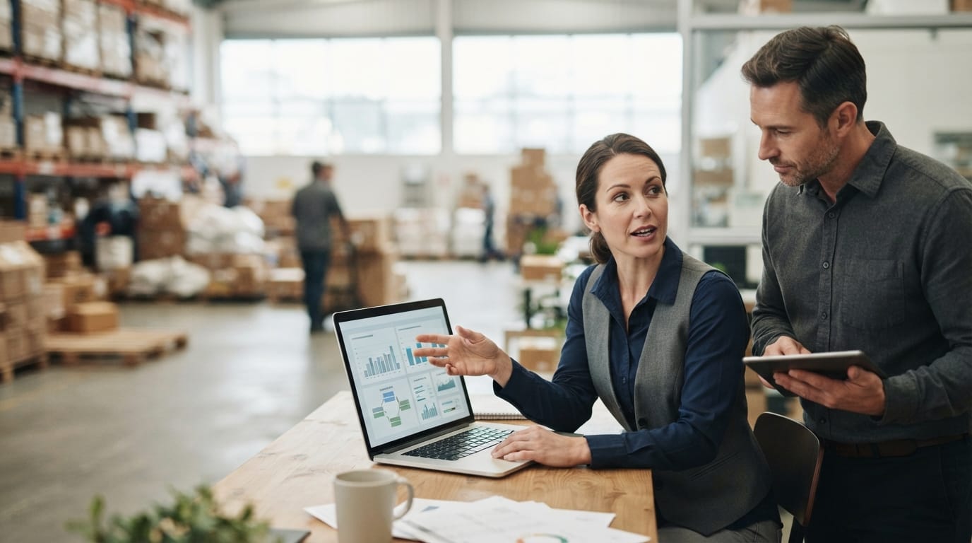 Two people working through what best inventory management software for small businesses is telling them