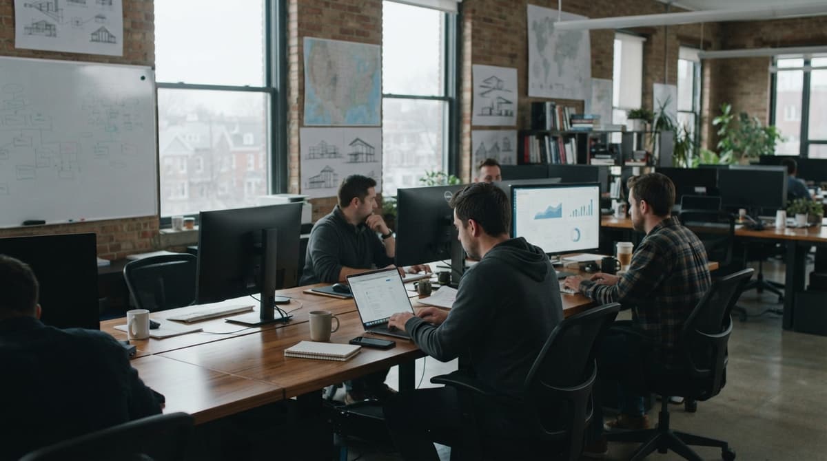 A marketing team working at laptops and monitors in a brick-walled office