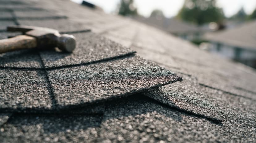 A hammer resting on new asphalt shingles