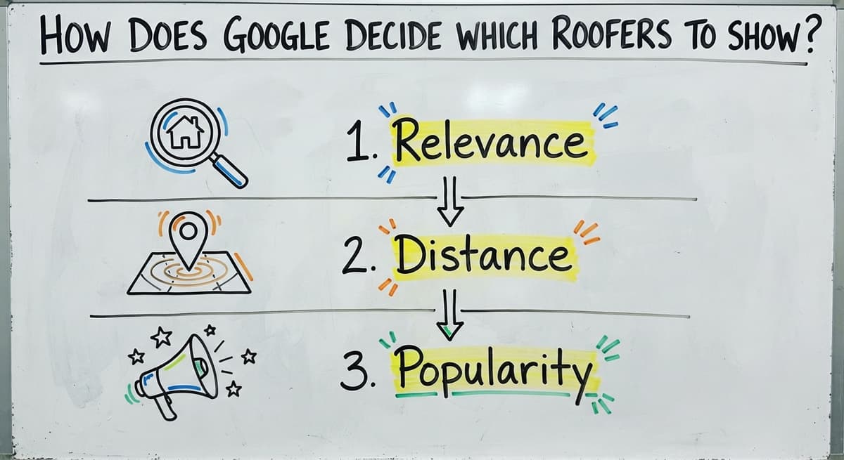 Whiteboard drawing of Google's three local ranking factors: relevance, distance and popularity