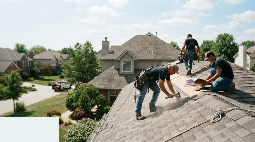 Roofers laying shingles on a house in a leafy neighborhood