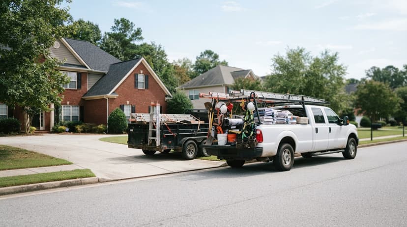 A roofing contractor's pickup and trailer parked on a suburban street