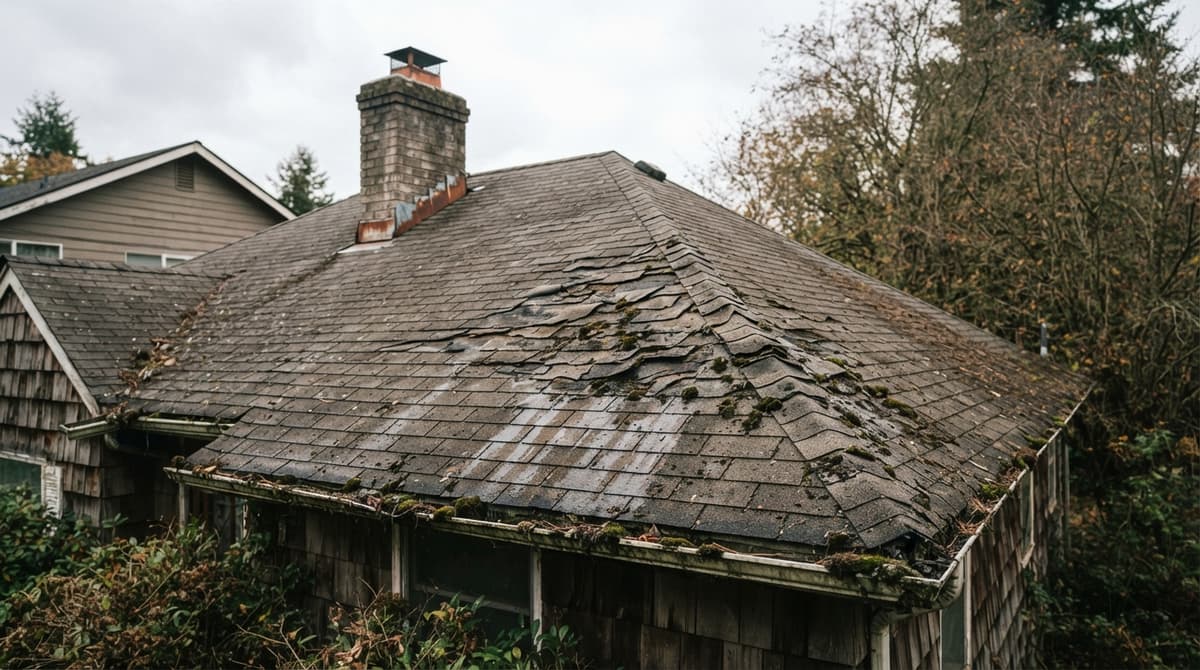 A sagging, worn roof on an older shingle-sided house