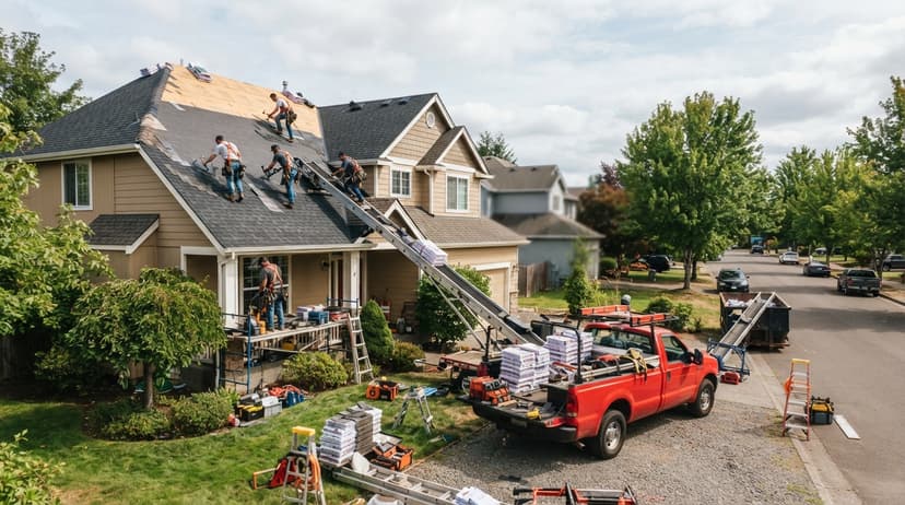 A crew replacing a roof with a ladder lift and a red truck loaded with shingles