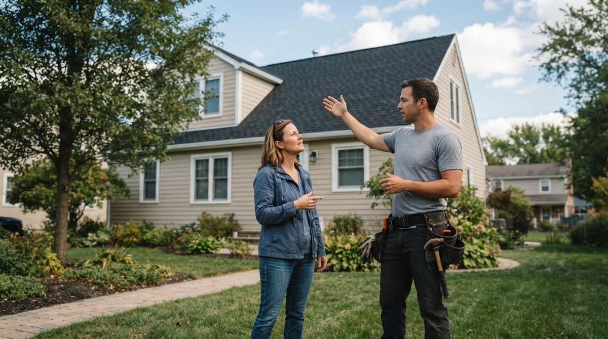 A roofer explaining the work to a homeowner in front of her house