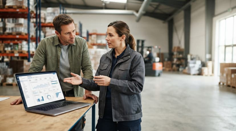 Two people working through what cost of inventory management software is telling them