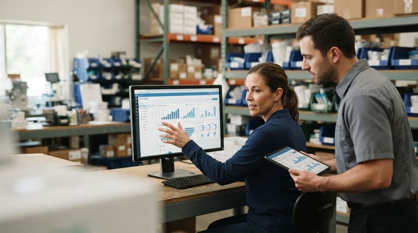 Two people working through what dental inventory management is telling them