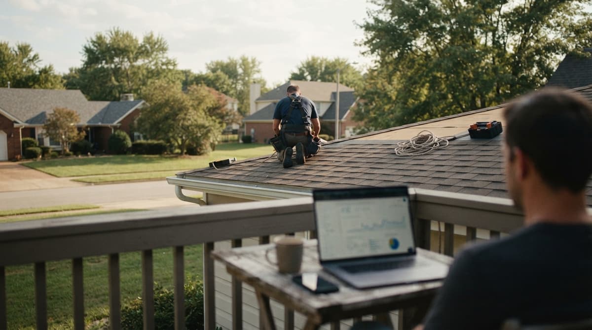 A roofing company owner checking a laptop on a deck while his crew works on a neighbor's roof