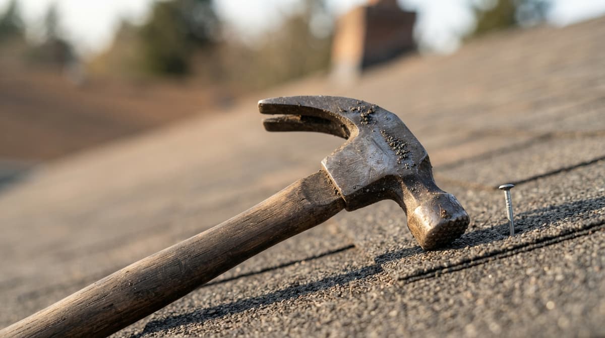 A hammer and nails resting on a shingle roof