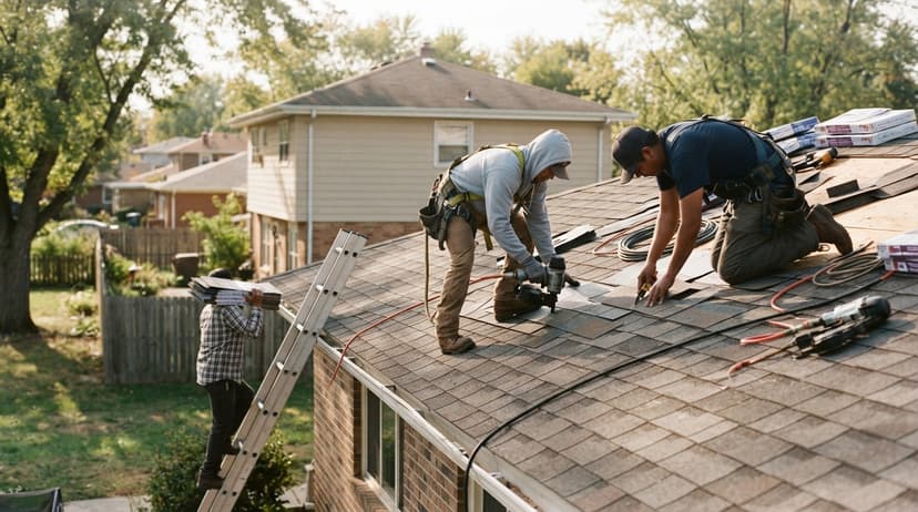Roofers cutting and laying shingles on a house