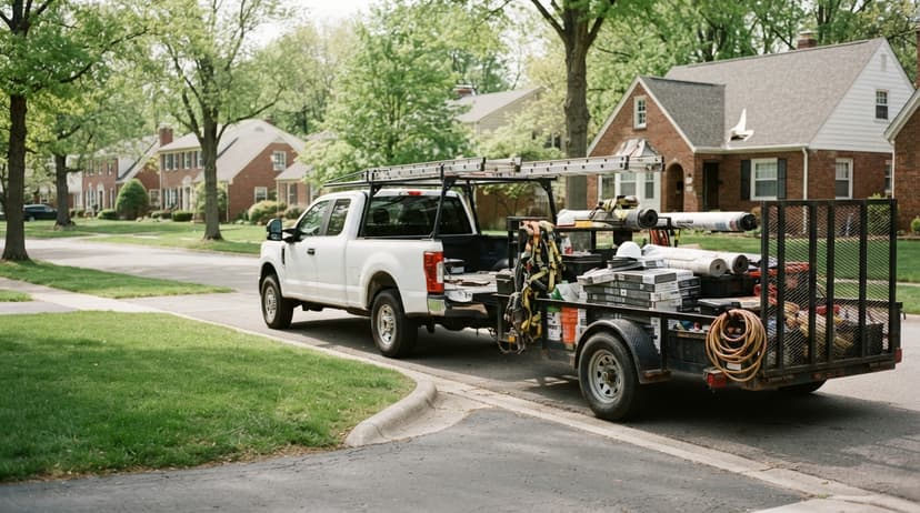 A roofing contractor's pickup and loaded trailer on a residential street