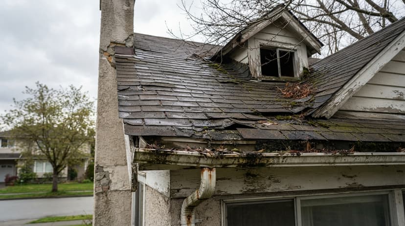 An old house with a collapsing, shingle-shedding roof