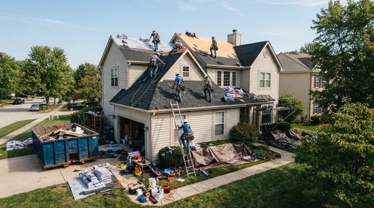 A crew re-roofing a two-story home with materials and a dumpster in the yard