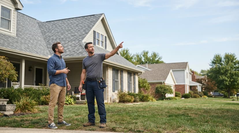 A roofer pointing out work on a house to the homeowner