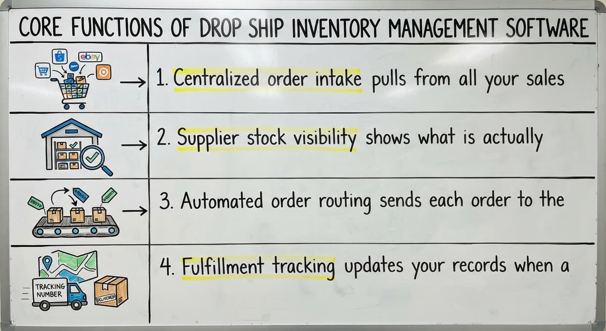 Core Functions of Drop Ship Inventory Management Software, drawn out