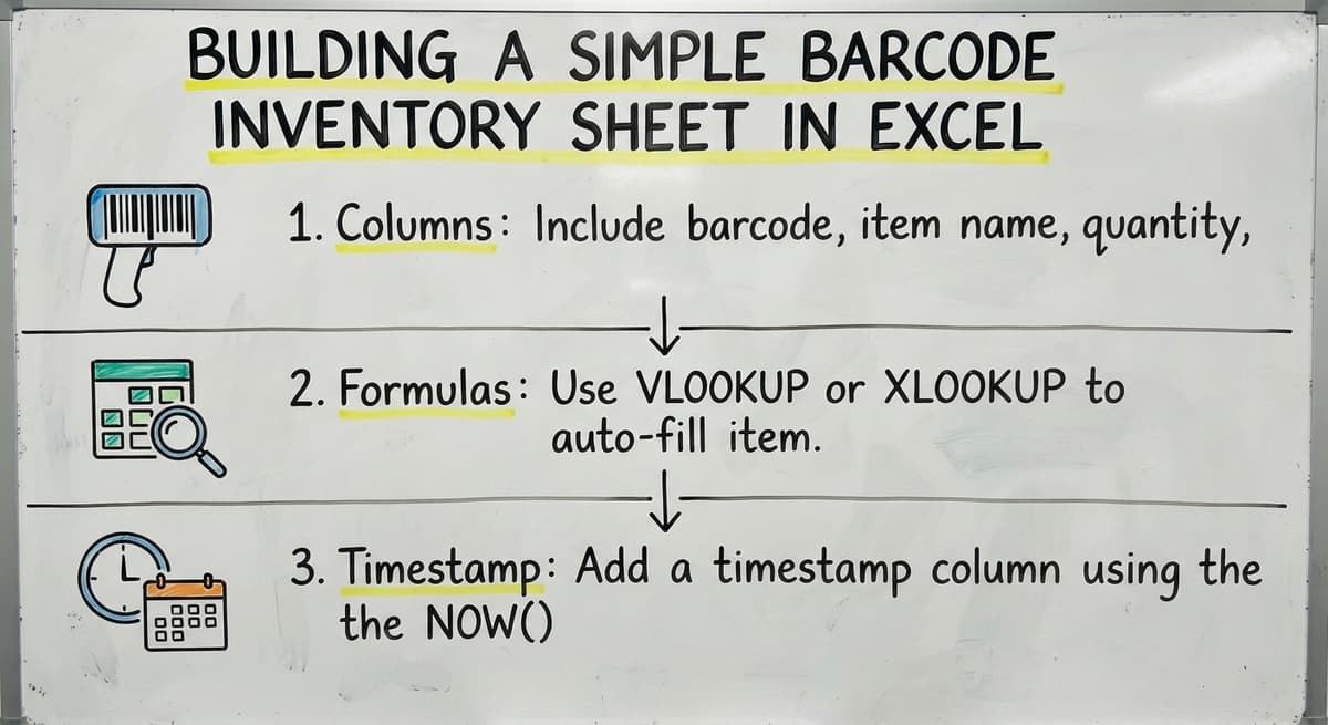 Building a Simple Barcode Inventory Sheet in Excel, drawn out