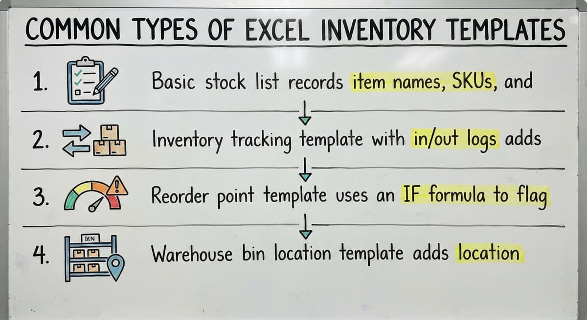 Common Types of Excel Inventory Templates, drawn out