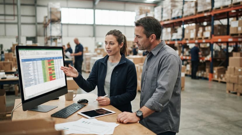 Two people working through what excel inventory template is telling them
