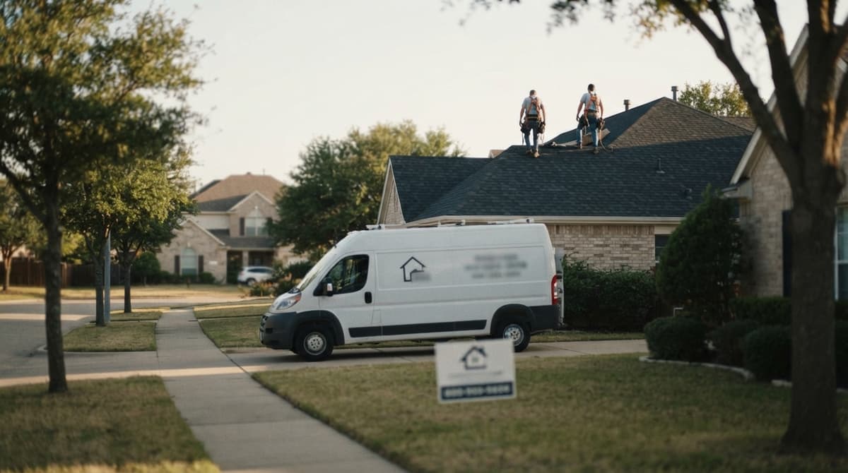 A roofing company van parked outside a house while two roofers work on the roof