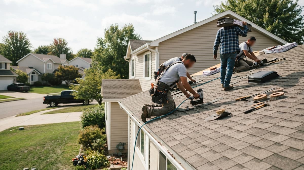 Roofers installing shingles on a two-story home
