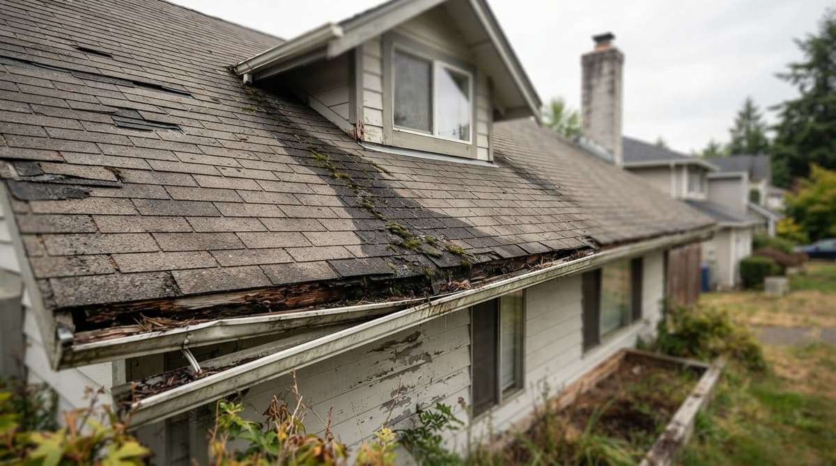 A worn roof with sagging, broken shingles and a damaged gutter