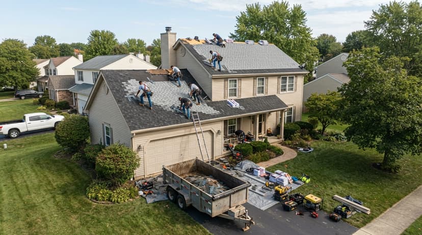 Aerial view of a crew replacing a roof with a trailer of materials in the driveway
