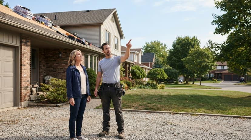 A roofer and a homeowner looking up at the roof from the driveway