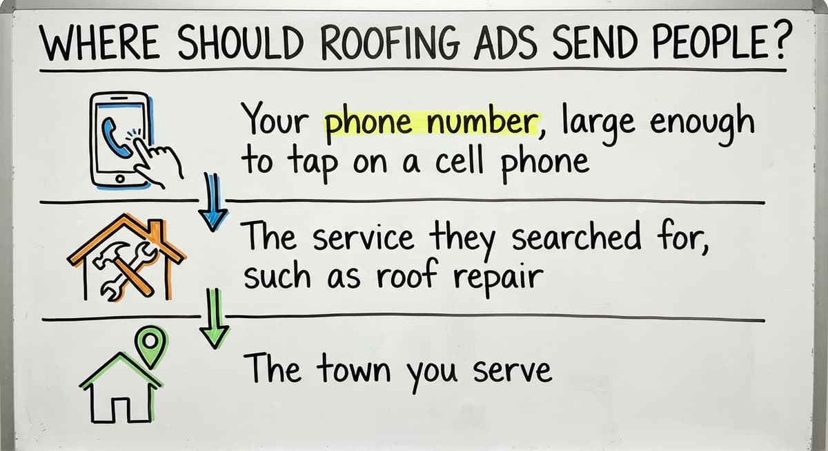Whiteboard drawing of what a roofing ad's landing page needs: a tappable phone number, the service searched for and the town served