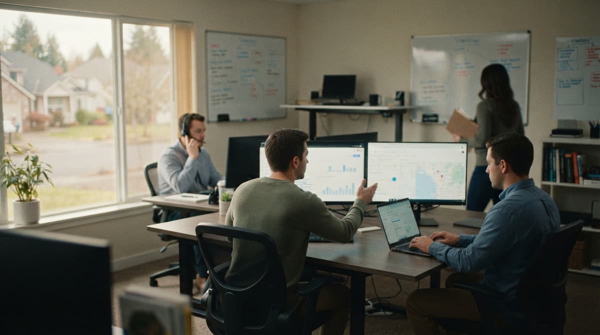 A small office team working at laptops and monitors beside a window