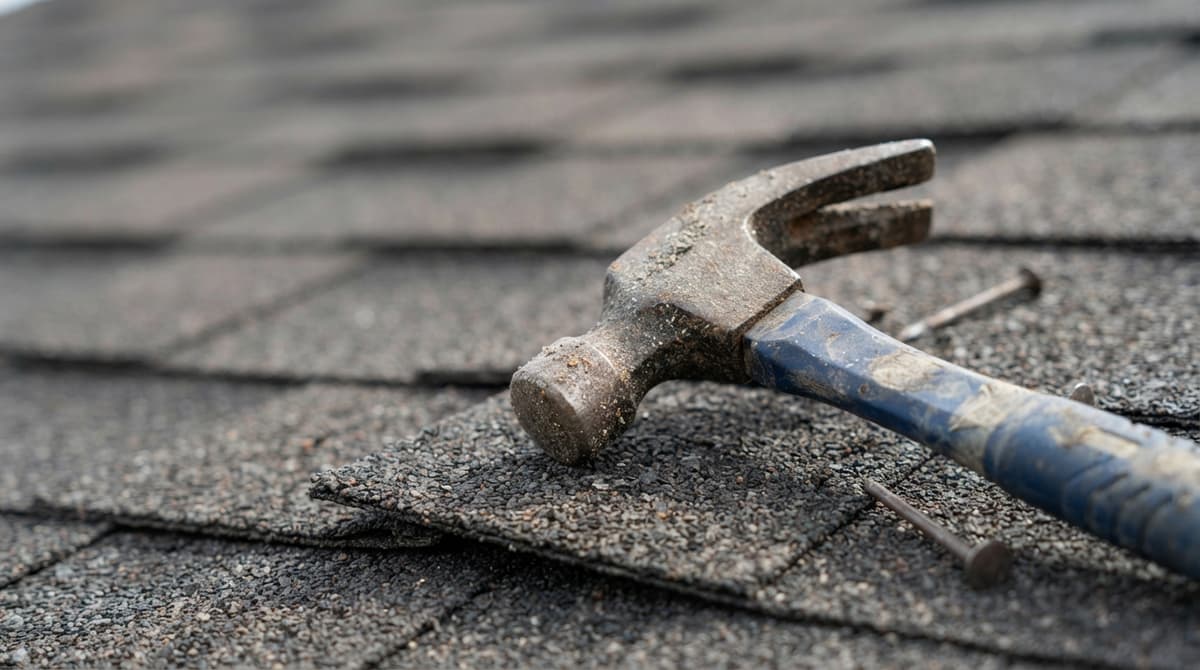 A roofing hammer and nails resting on asphalt shingles