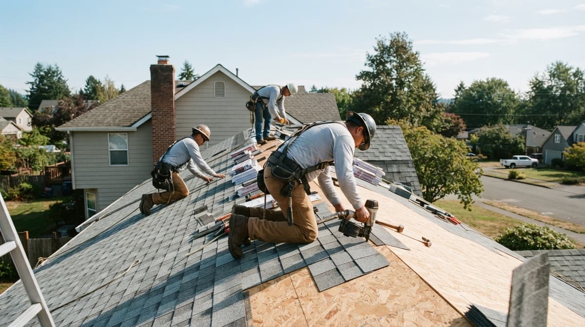 Roofers laying new shingles over fresh decking on a family home
