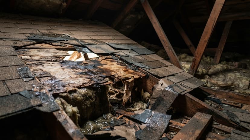 A roof deck rotted through, with broken boards and insulation showing