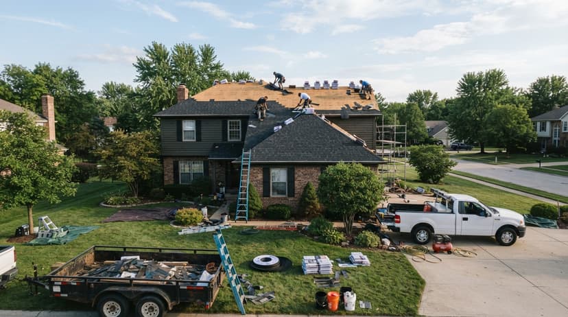 A roof replacement underway, with a trailer and truck in the driveway