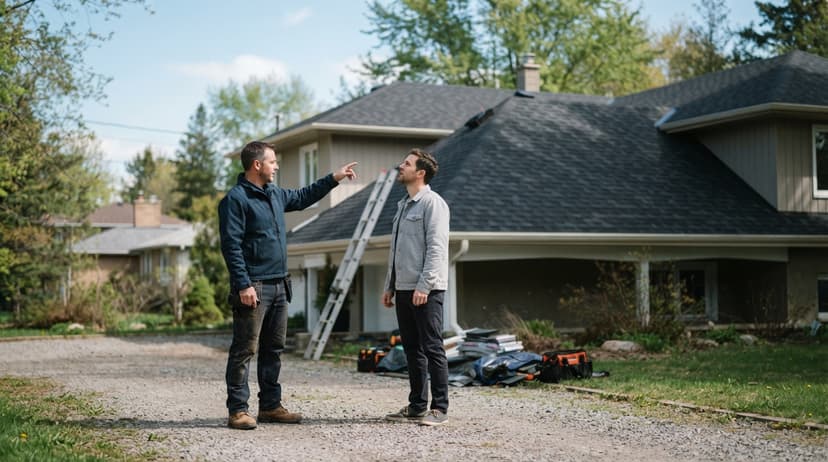 A roofer and a homeowner looking up at a house with a ladder against it