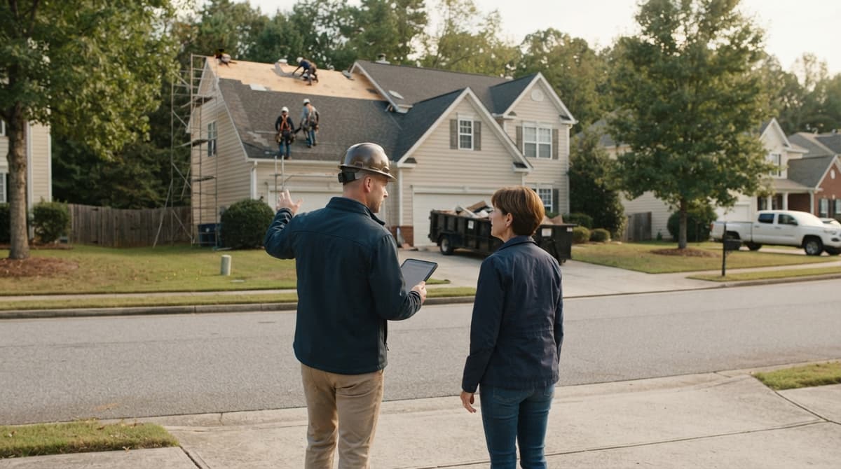 A roofer with a tablet talking with a homeowner on the sidewalk while his crew works on her roof