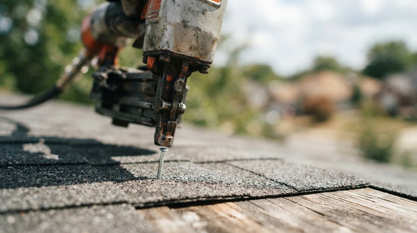 A pneumatic nailer driving a nail into an asphalt shingle