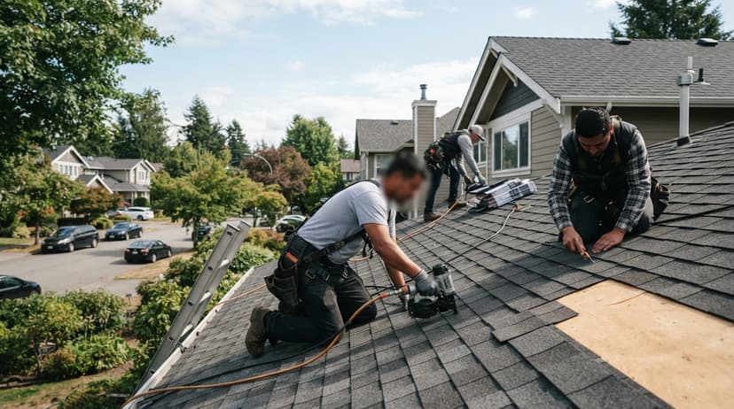 Roofers nailing down new shingles on a steep suburban roof