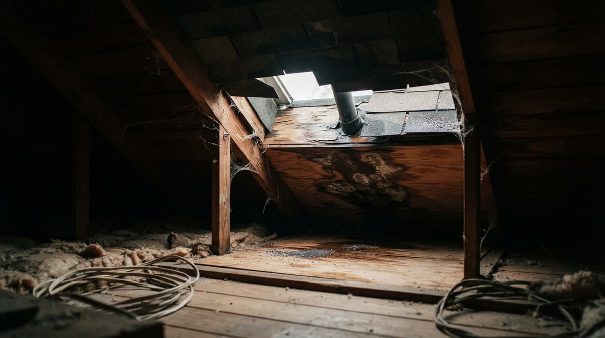 An attic with water-stained rafters and a gap letting daylight through the roof